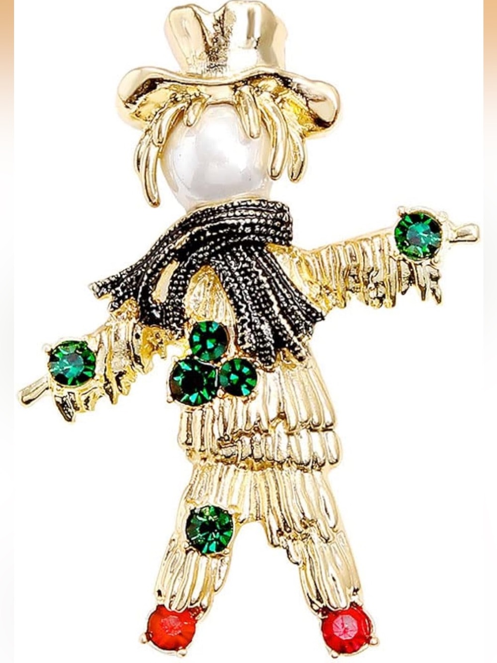 Anthropologie Gold-Tone Scarecrow Brooch with Green and Red Accents